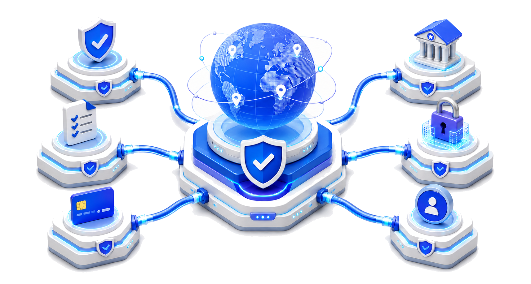 Xtrm secure global payments platform: a shielded globe connected by illuminated cables to six compliance pedestals — verified shield, audited checklist, protected payment card, licensed institution, privacy lock, and protected user
